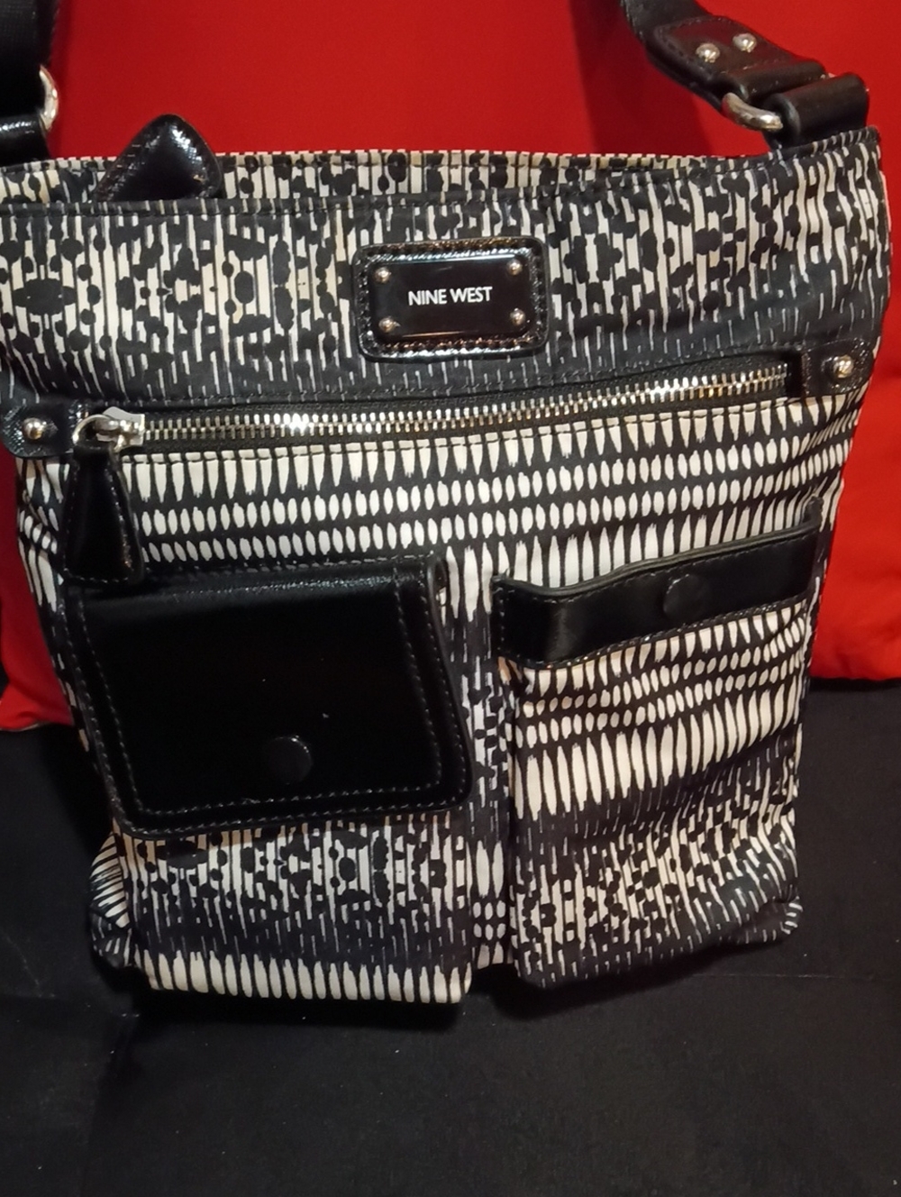 Nine West Black & Cream Patterned Shoulder Bag with Front Pockets
